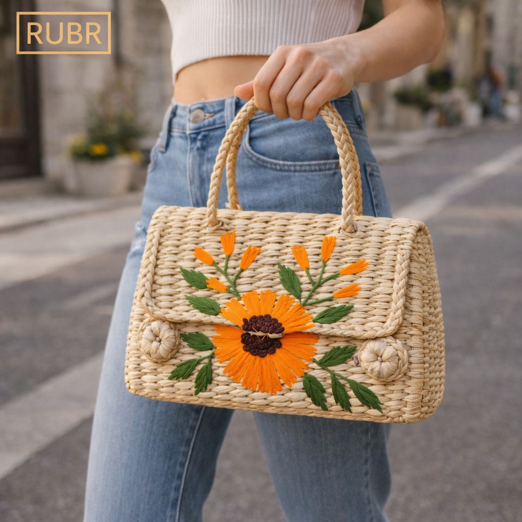 Handwoven Straw Handbag with Floral Embroidery – Women’s Tote