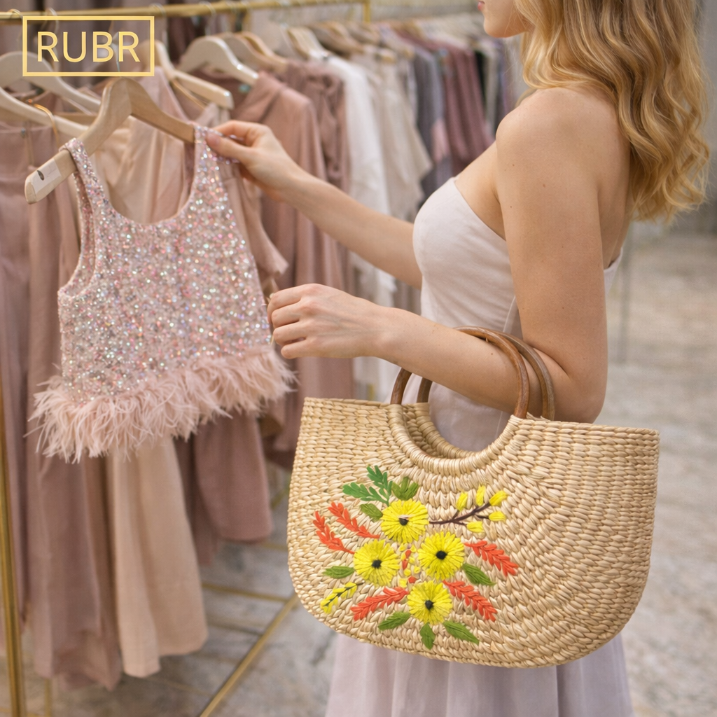 RUBR Handwoven Floral Straw Tote Bag for Women | Artisan Summer Handbag