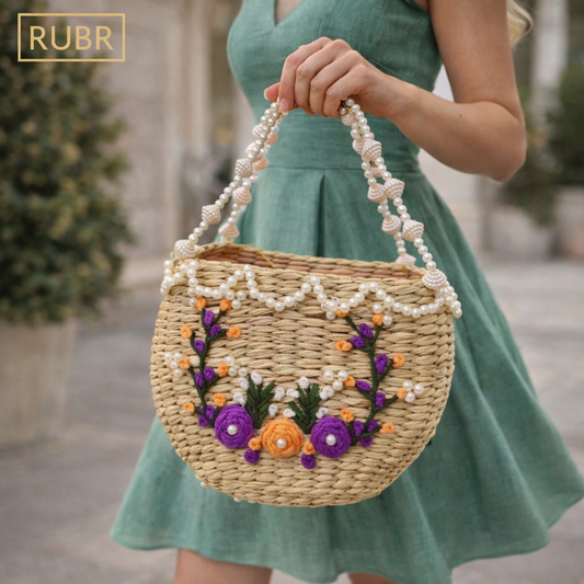 Handwoven Straw Tote Bag with Pearl Handle & Floral Embroidery – Handbag