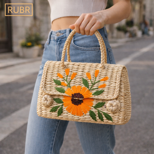 Handwoven Straw Handbag with Floral Embroidery – Women’s Tote