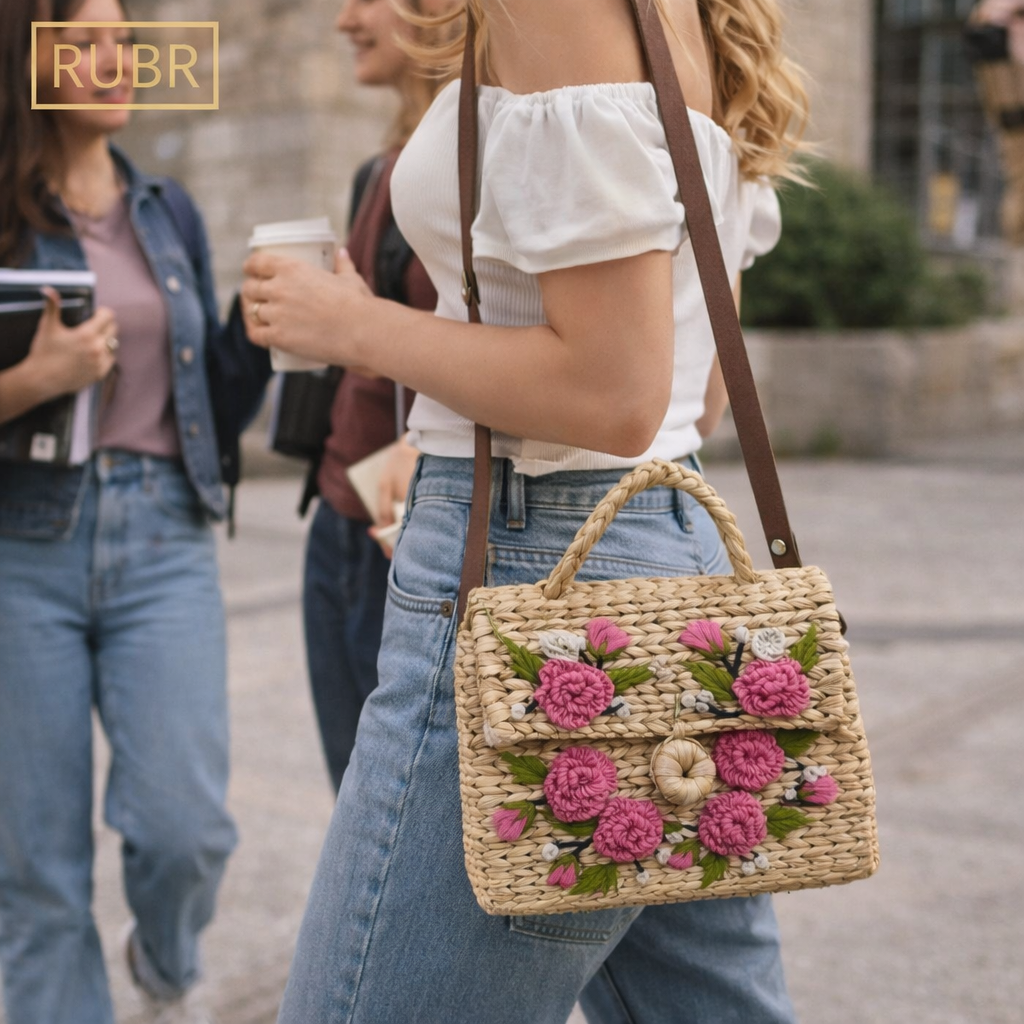 Women’s Handwoven Straw Crossbody Bag with Floral Embroidery