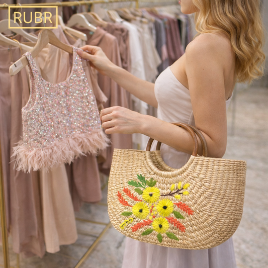 RUBR Handwoven Floral Straw Tote Bag for Women | Artisan Summer Handbag