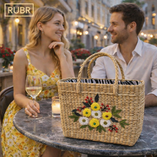 RUBR Luxury Handwoven Floral Straw Tote – Women’s Statement Bag