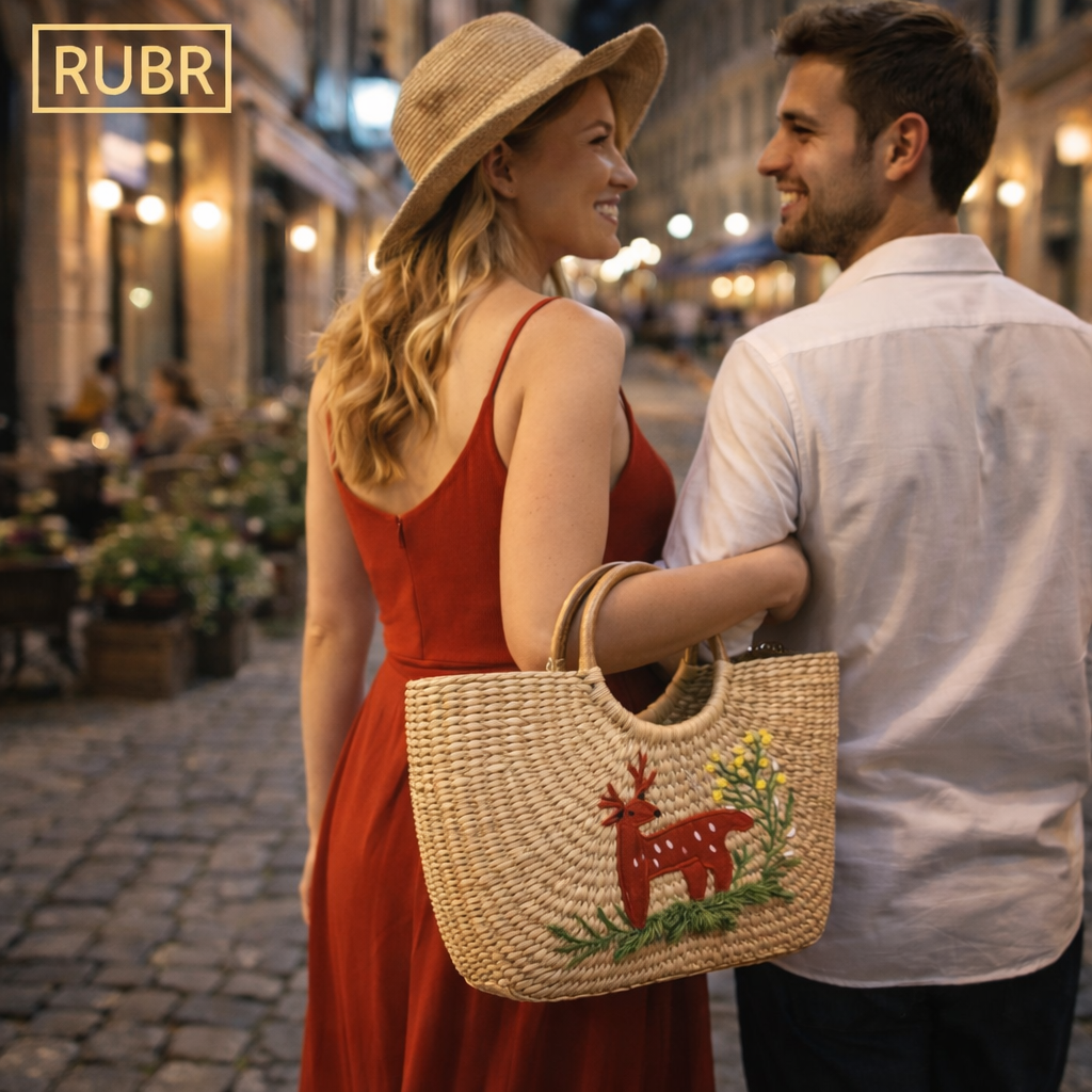 RUBR Handwoven Straw Tote Bag with Deer Embroidery | Premium Artisan Summer Handbag for Women