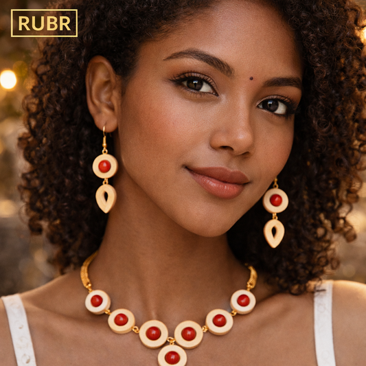 RUBR Handcrafted Bamboo & Red Bead Necklace Set