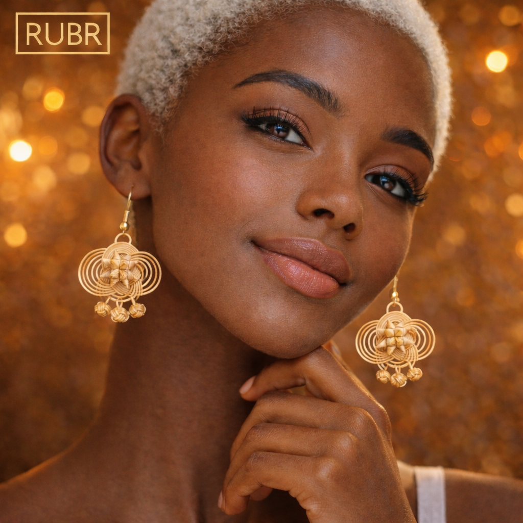 RUBR Handwoven Bamboo Bloom Earrings – Boho Floral Statement Drop Earrings