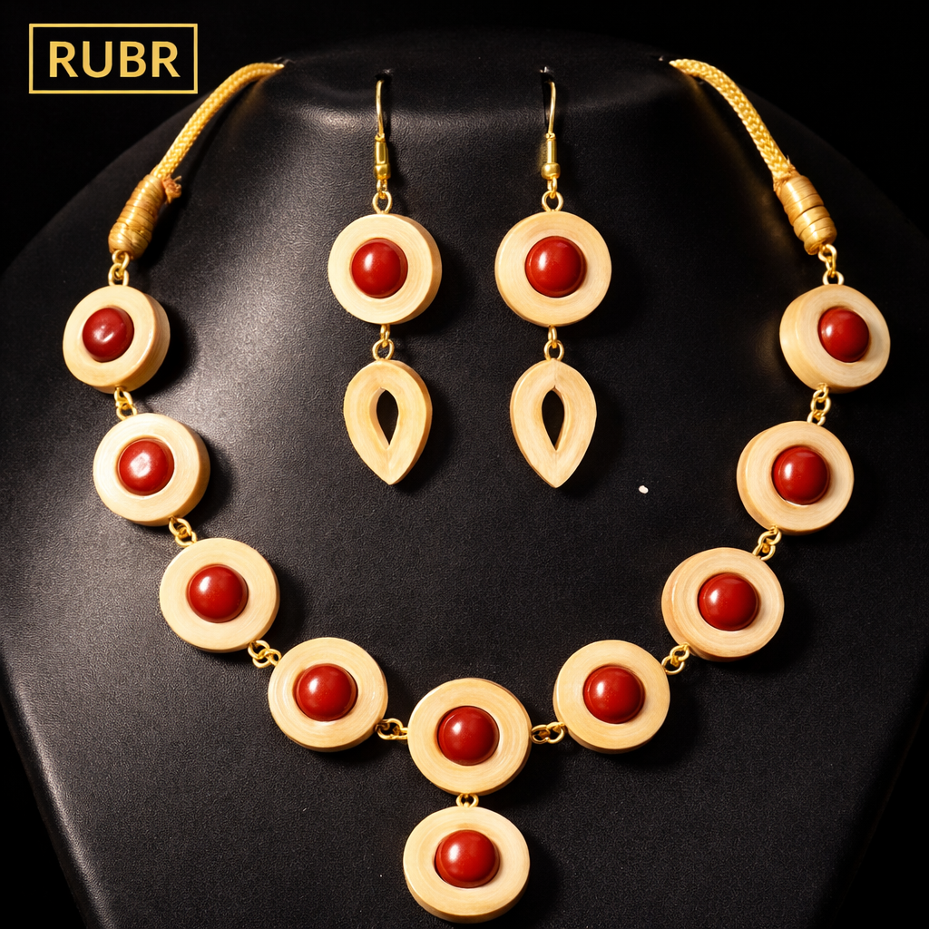 RUBR Handcrafted Bamboo & Red Bead Necklace Set